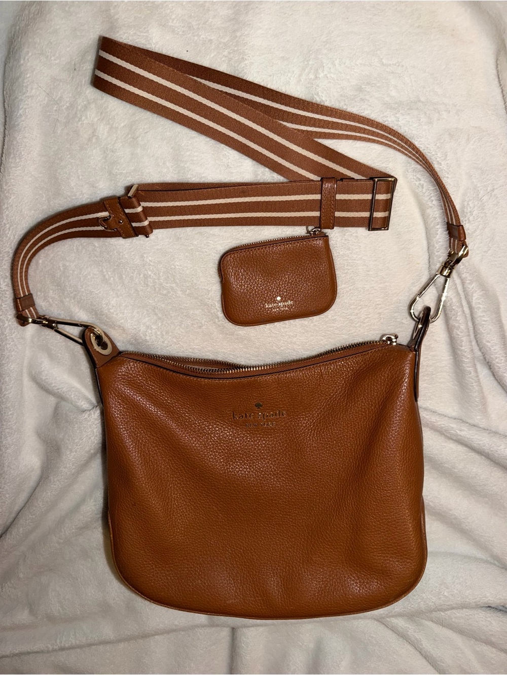 kate spade tan pebble leather crossbody with striped canvas strap